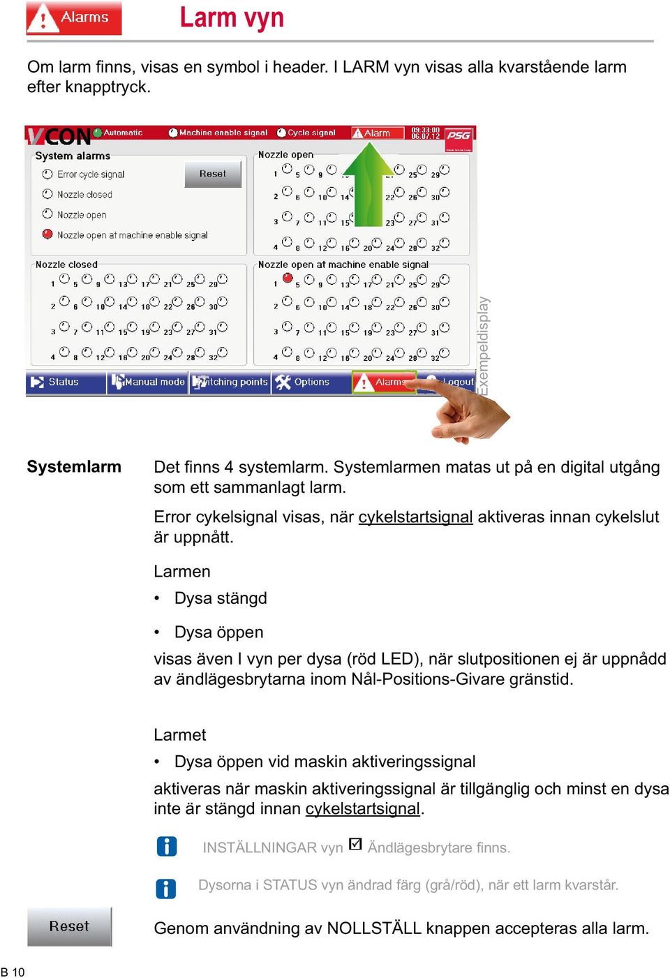 Larmen Dysa stängd Dysa öppen visas även I vyn per dysa (röd LED), när slutpositionen ej är uppnådd av ändlägesbrytarna inom Nål-Positions-Givare gränstid.