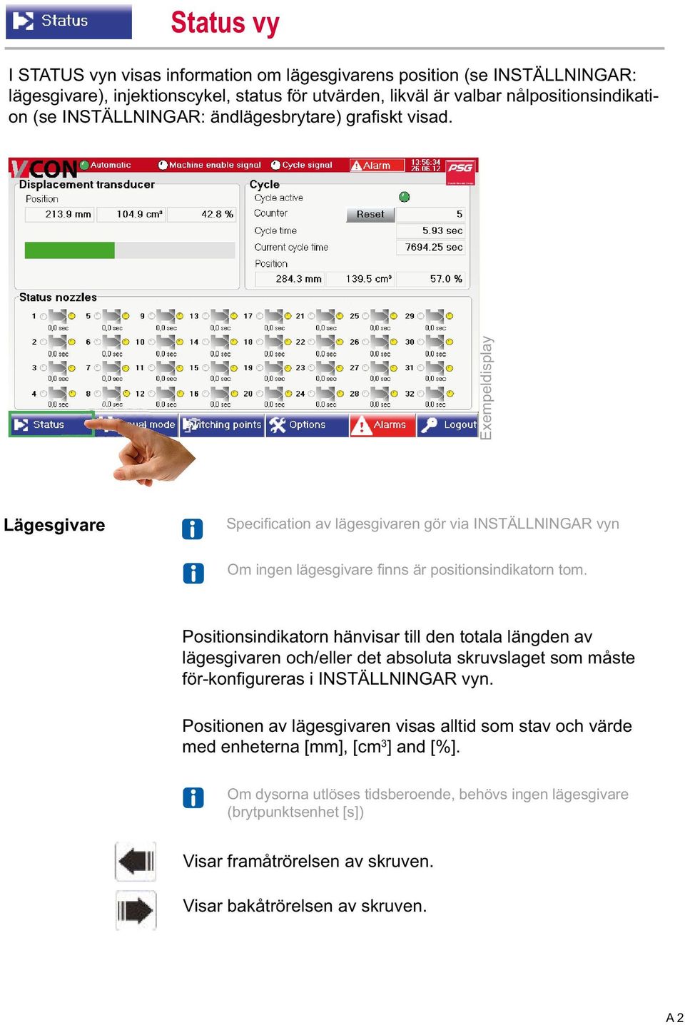 Positionsindikatorn hänvisar till den totala längden av lägesgivaren och/eller det absoluta skruvslaget som måste för-konfigureras i INSTÄLLNINGAR vyn.