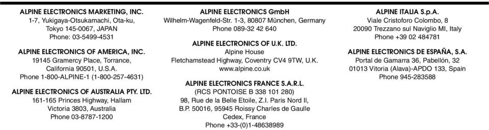 161-165 Princes Highway, Hallam Victoria 3803, Australia Phone 03-8787-1200 ALPINE ELECTRONICS GmbH Wilhelm-Wagenfeld-Str. 1-3, 80807 München, Germany Phone 089-32 42 640 ALPINE ELECTRONICS OF U.K.