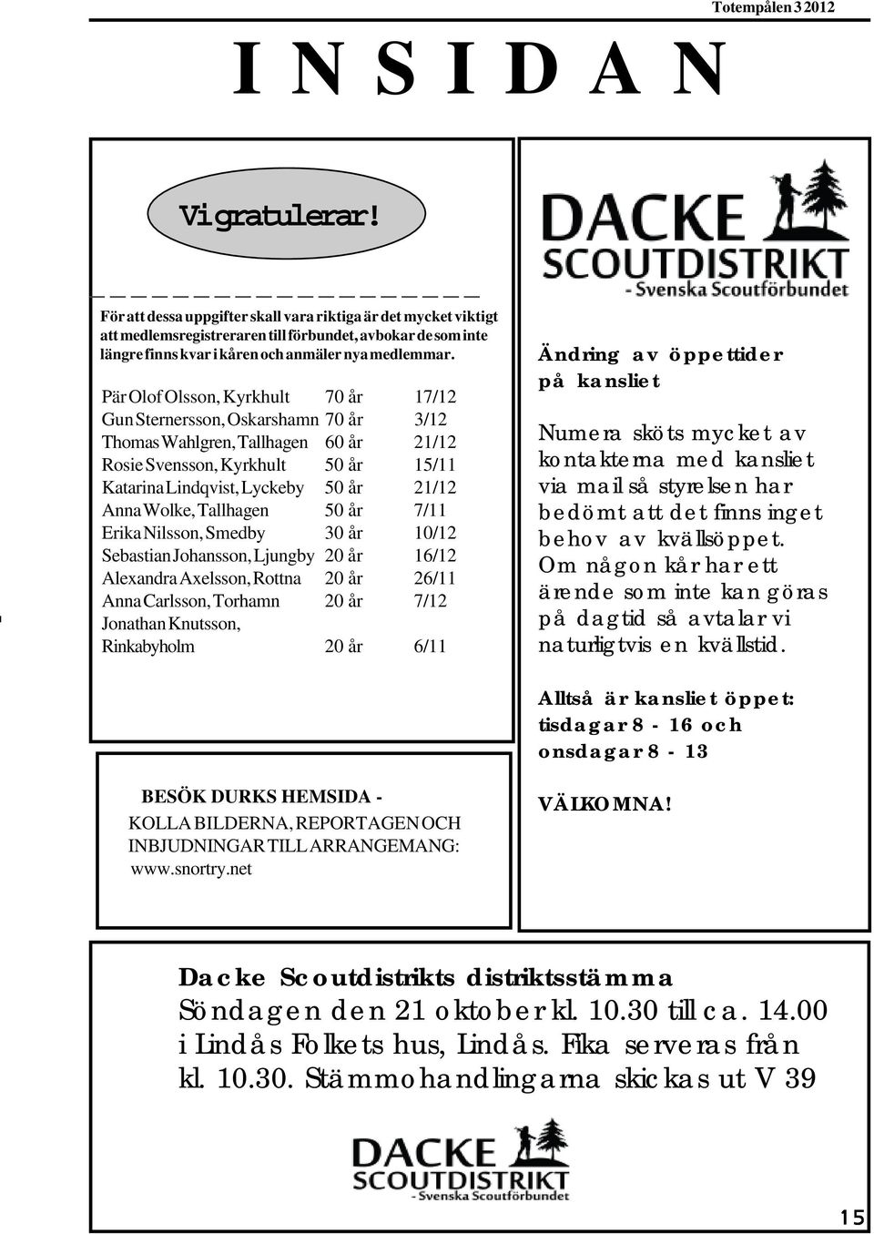 Pär Olof Olsson, Kyrkhult 70 år 17/12 Gun Sternersson, Oskarshamn 70 år 3/12 Thomas Wahlgren, Tallhagen 60 år 21/12 Rosie Svensson, Kyrkhult 50 år 15/11 Katarina Lindqvist, Lyckeby 50 år 21/12 Anna