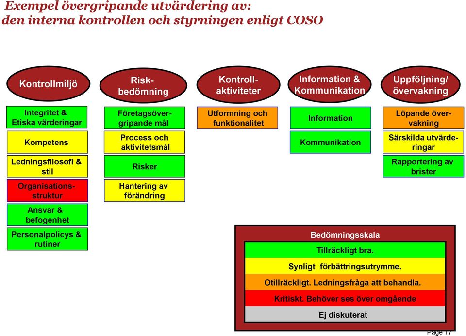 aktivitetsmål Kommunikation Särskilda utvärderingar Ledningsfilosofi & stil Risker Rapportering av brister Organisationsstruktur Hantering av förändring Ansvar & befogenhet