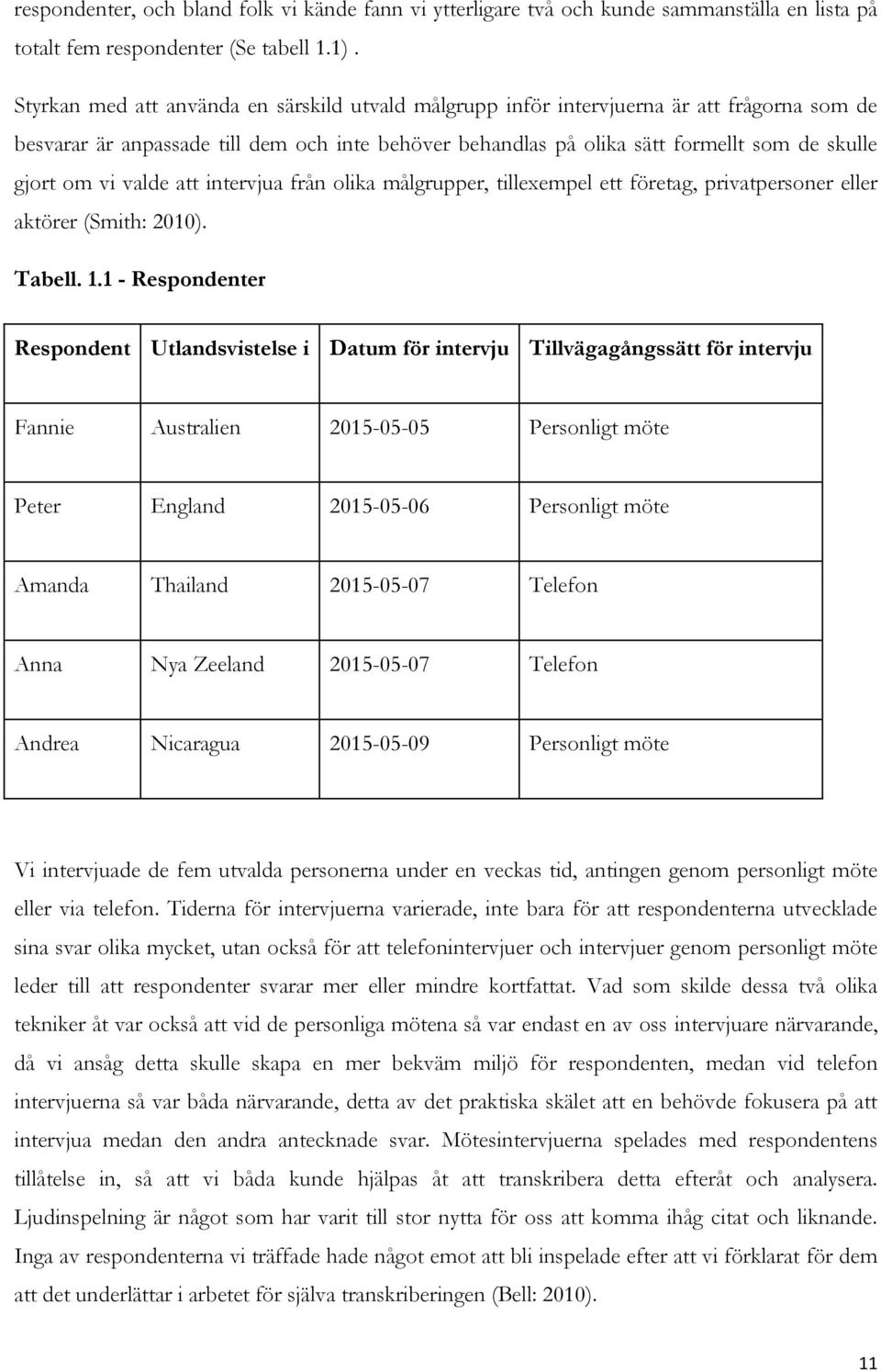 vi valde att intervjua från olika målgrupper, tillexempel ett företag, privatpersoner eller aktörer (Smith: 2010). Tabell. 1.