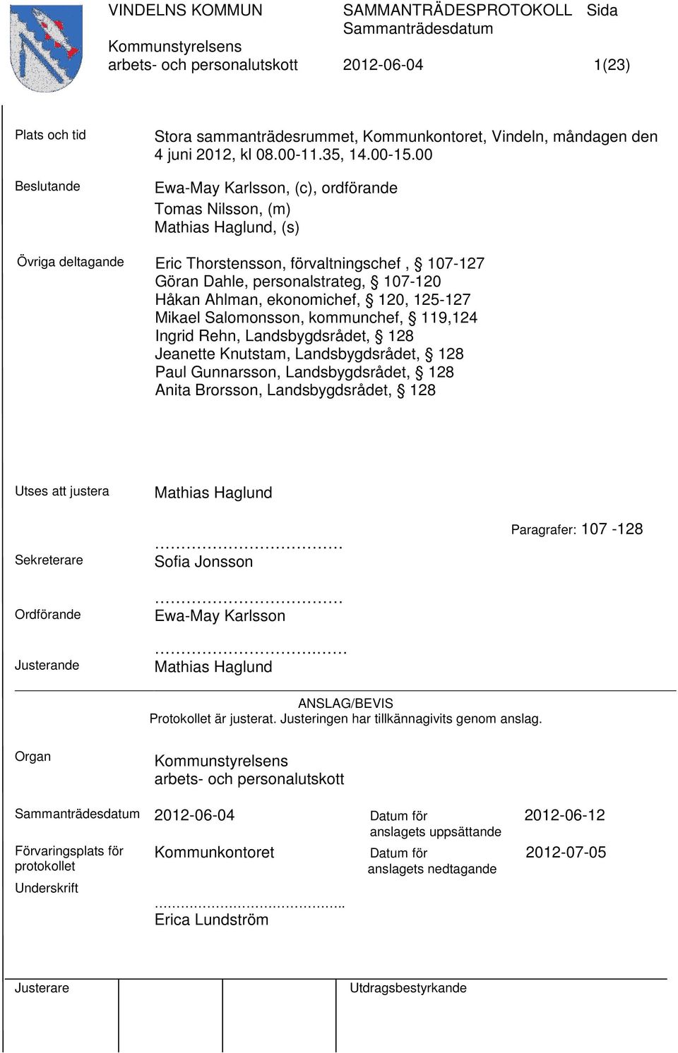 ekonomichef, 120, 125-127 Mikael Salomonsson, kommunchef, 119,124 Ingrid Rehn, Landsbygdsrådet, 128 Jeanette Knutstam, Landsbygdsrådet, 128 Paul Gunnarsson, Landsbygdsrådet, 128 Anita Brorsson,