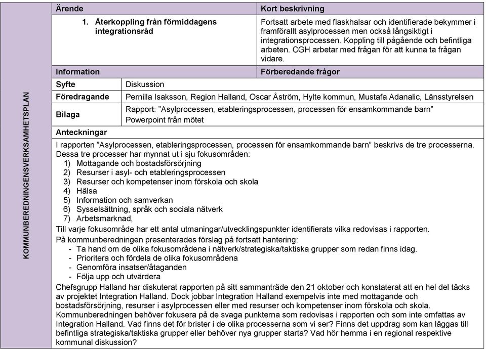 också långsiktigt i integrationsprocessen. Koppling till pågående och befintliga arbeten. CGH arbetar med frågan för att kunna ta frågan vidare.