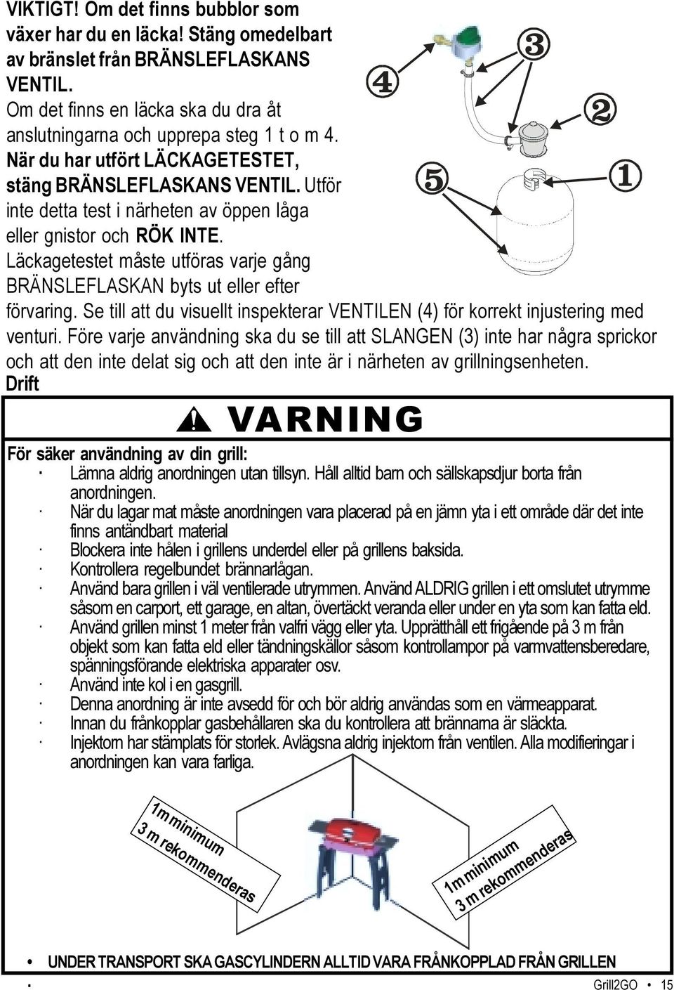 Läckagetestet måste utföras varje gång BRÄNSLEFLASKAN byts ut eller efter förvaring. Se till att du visuellt inspekterar VENTILEN (4) för korrekt injustering med venturi.