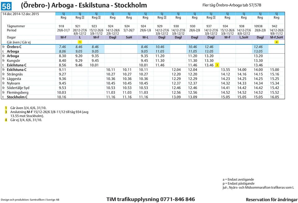 3/8-12/12 3/8-12/12 8/8-12/12 9/8-11/12 Dagar M-F L M-F Dagl SoH M-L Dagl Dagl Dagl Dagl M-F L,SoH Dagl M-F,SoH Går även / Går ej 1 4 fr Örebro C 7.46 8.46 8.46 8.46 10.46 10.46 12.46 12.46 t Arboga 8.