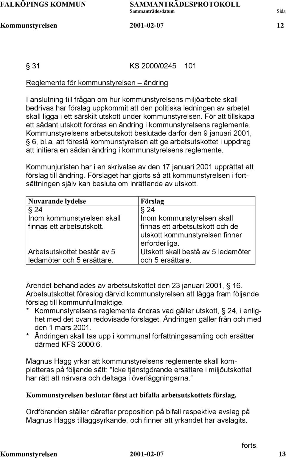 Kommunstyrelsens arbetsutskott beslutade därför den 9 januari 2001, 6, bl.a. att föreslå kommunstyrelsen att ge arbetsutskottet i uppdrag att initiera en sådan ändring i kommunstyrelsens reglemente.