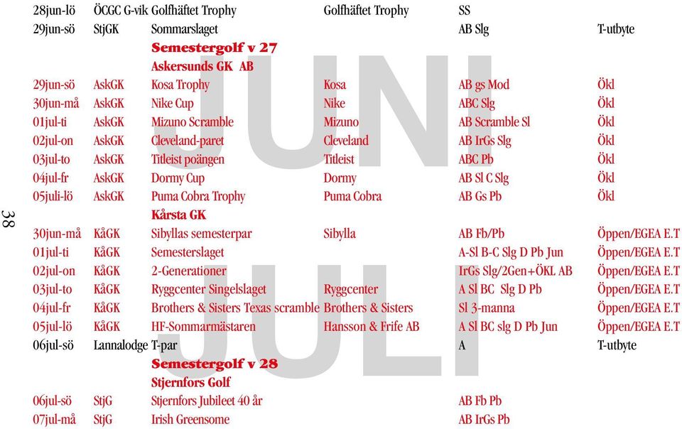 04jul-fr AskGK Dormy Cup Dormy AB Sl C Slg Ökl JUNI 05juli-lö AskGK Puma Cobra Trophy Puma Cobra AB Gs Pb Ökl Kårsta GK 30jun-må KåGK Sibyllas semesterpar Sibylla AB Fb/Pb Öppen/EGEA E.