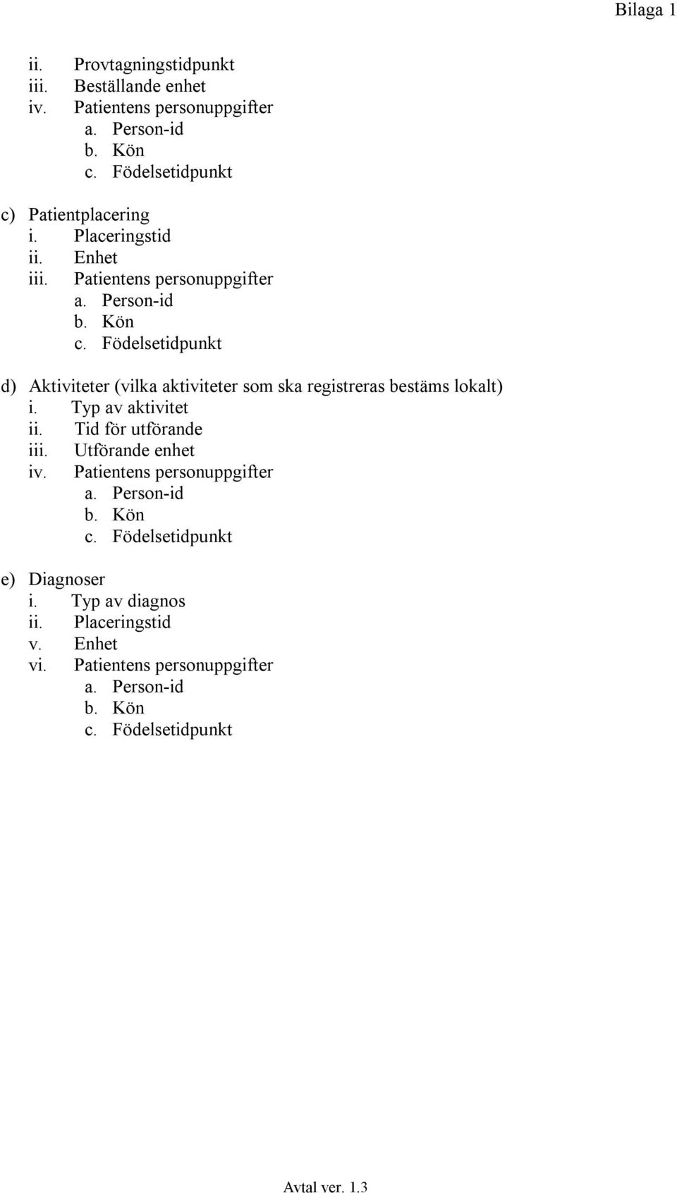 Födelsetidpunkt d) Aktiviteter (vilka aktiviteter som ska registreras bestäms lokalt) i. Typ av aktivitet ii. Tid för utförande iii.