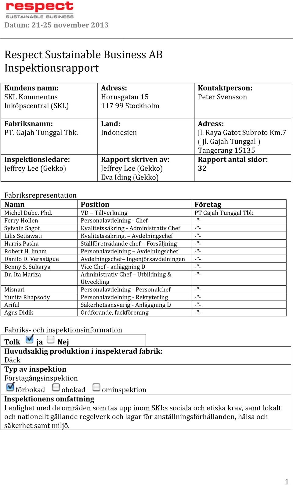 RayaGatotSubrotoKm.7 (Jl.Gajahunggal) angerang15135 Rapport'antal'sidor:' 32' Fabriksrepresentation Namn' Position' Företag' MichelDube,Phd.