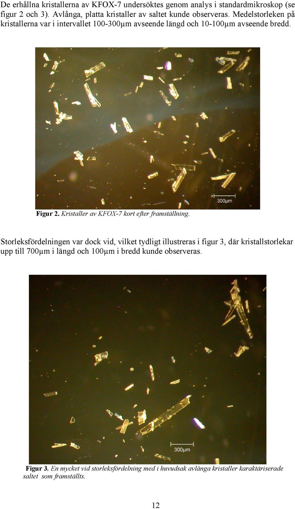 Medelstorleken på kristallerna var i intervallet 100-300µm avseende längd och 10-100µm avseende bredd. Figur 2.