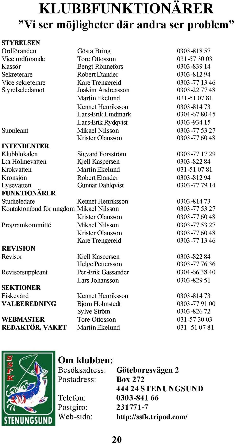 0304-67 80 45 Lars-Erik Rydqvist 0303-934 15 Suppleant Mikael Nilsson 0303-77 53 27 Krister Olausson 0303-77 60 48 INTENDENTER Klubblokalen Sigvard Forsström 0303-77 17 29 L:a Holmevatten Kjell