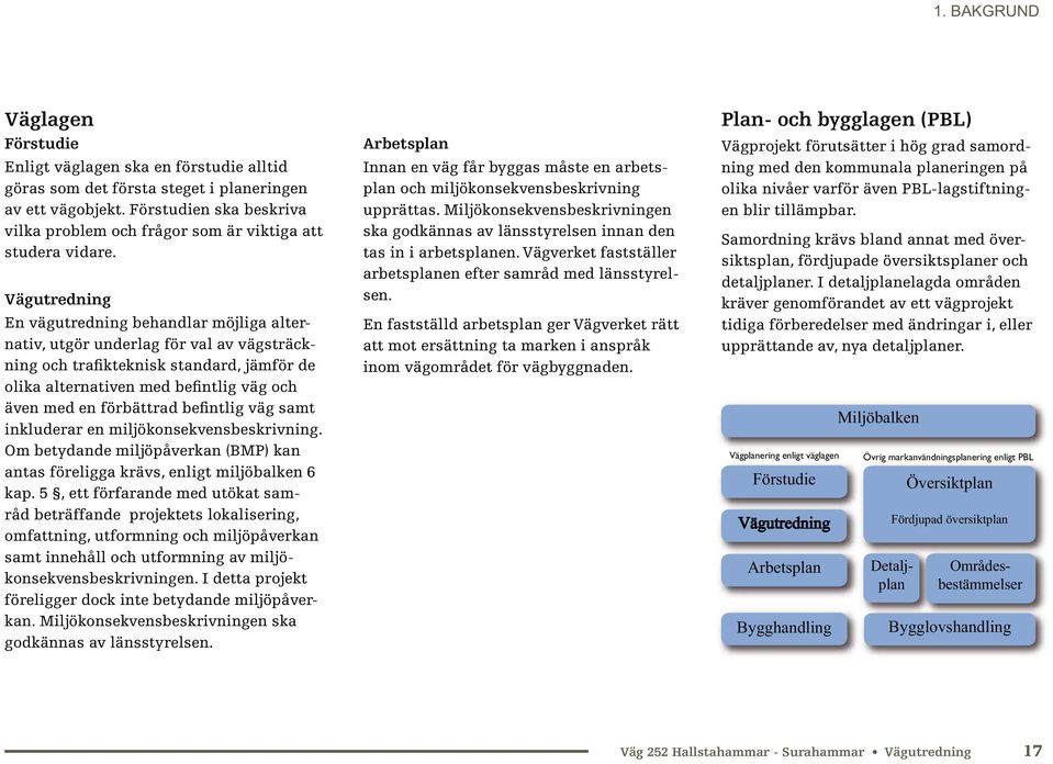 Vägutredning En vägutredning behandlar möjliga alternativ, utgör underlag för val av vägsträckning och trafikteknisk standard, jämför de olika alternativen med befintlig väg och även med en