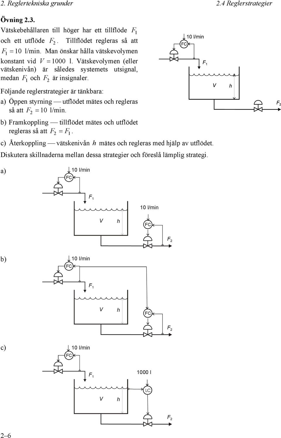 Följande reglerstrategier är tänkbara: a) Öen styrning utflödet mätes oc regleras så att F2 10 l/min. b) Framkoling tillflödet mätes oc utflödet regleras så att F2 F1.