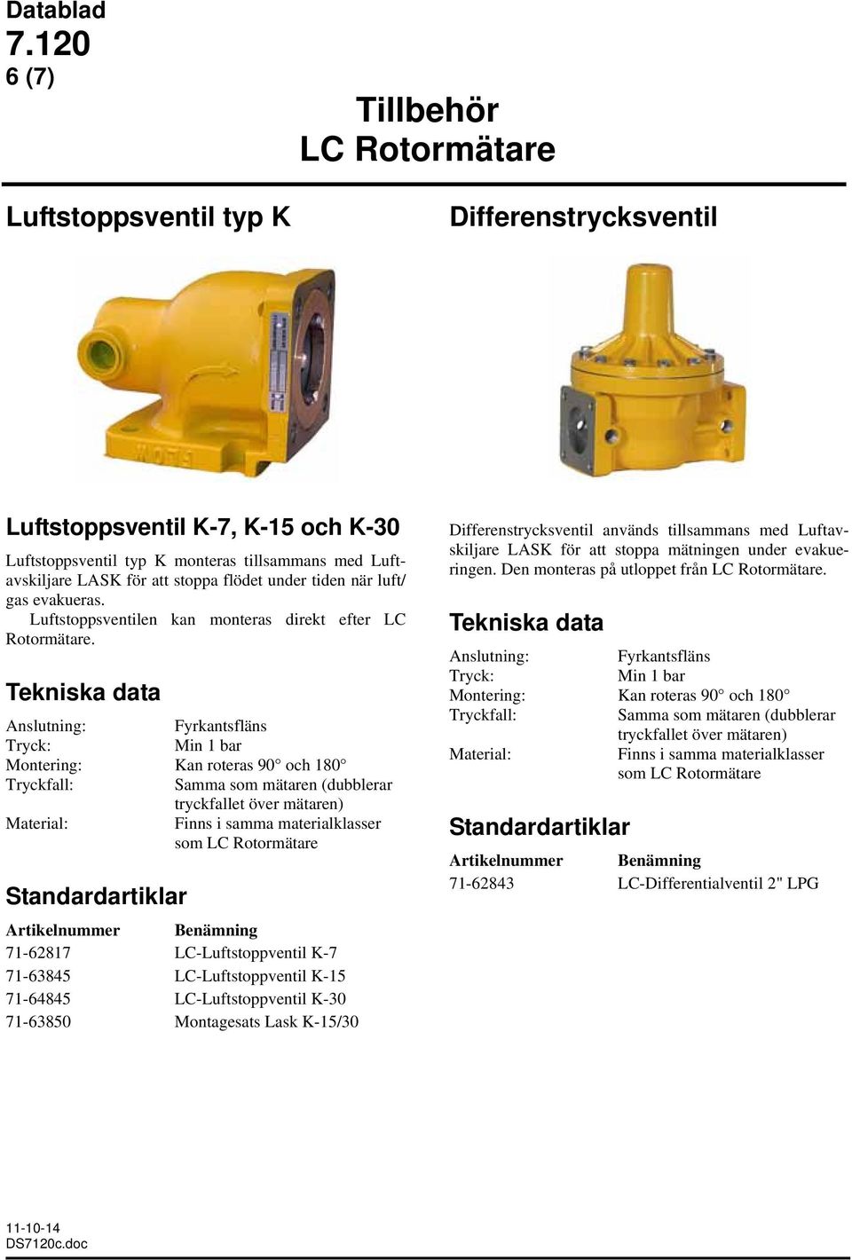 Anslutning: Fyrkantsfläns Tryck: Min 1 bar Montering: Kan roteras 90 och 180 som 71-62817 LC-Luftstoppventil K-7 71-63845 LC-Luftstoppventil K-15 71-64845 LC-Luftstoppventil K-30 71-63850