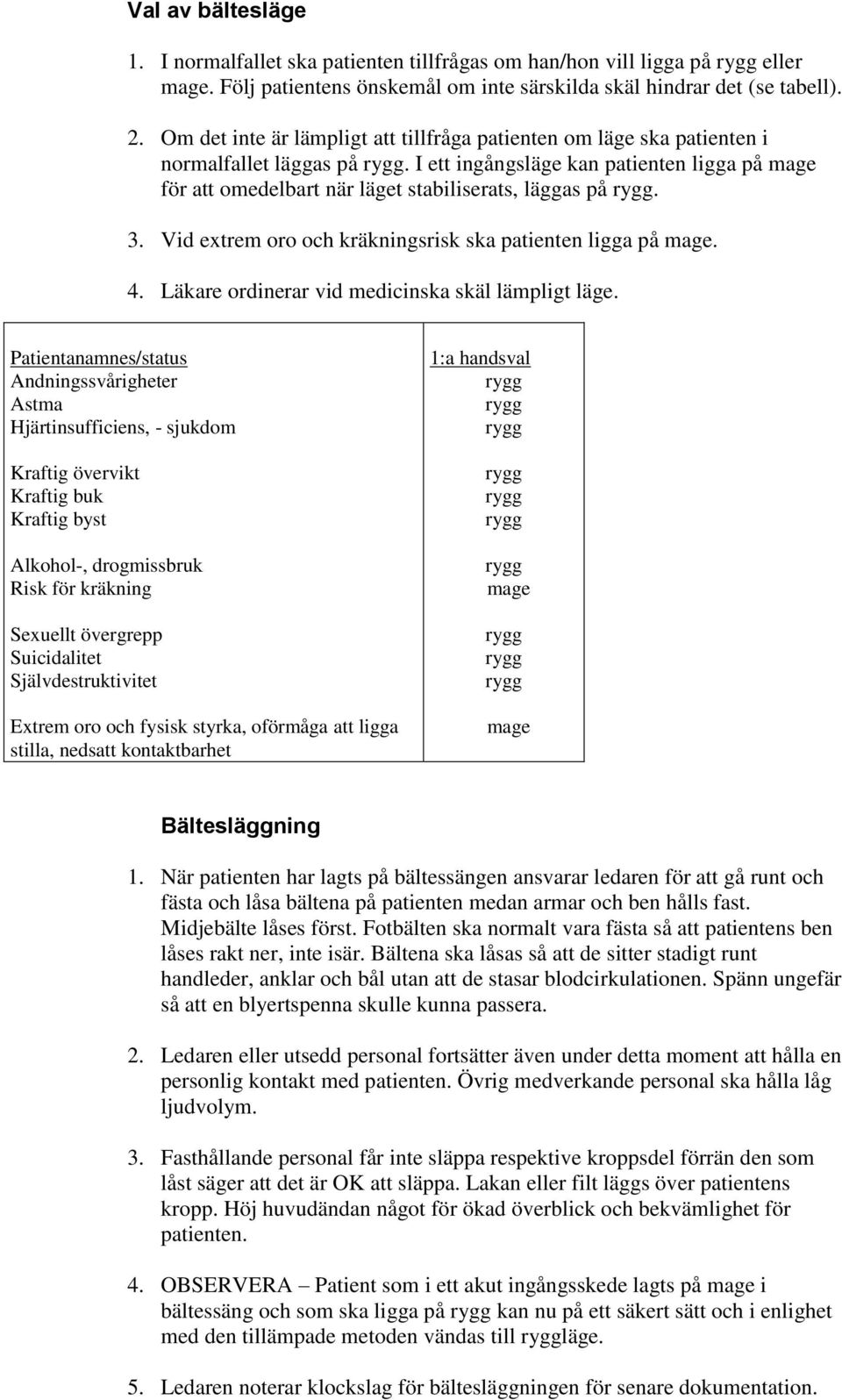 I ett ingångsläge kan patienten ligga på mage för att omedelbart när läget stabiliserats, läggas på rygg. 3. Vid extrem oro och kräkningsrisk ska patienten ligga på mage. 4.