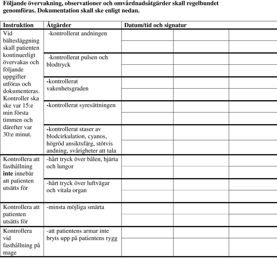 -kontrollerat dokumenteras. vakenhetsgraden Kontroller ska ske var 15:e -kontrollerat syresättningen min första timmen och därefter var -kontrollerat staser av 30:e minut.