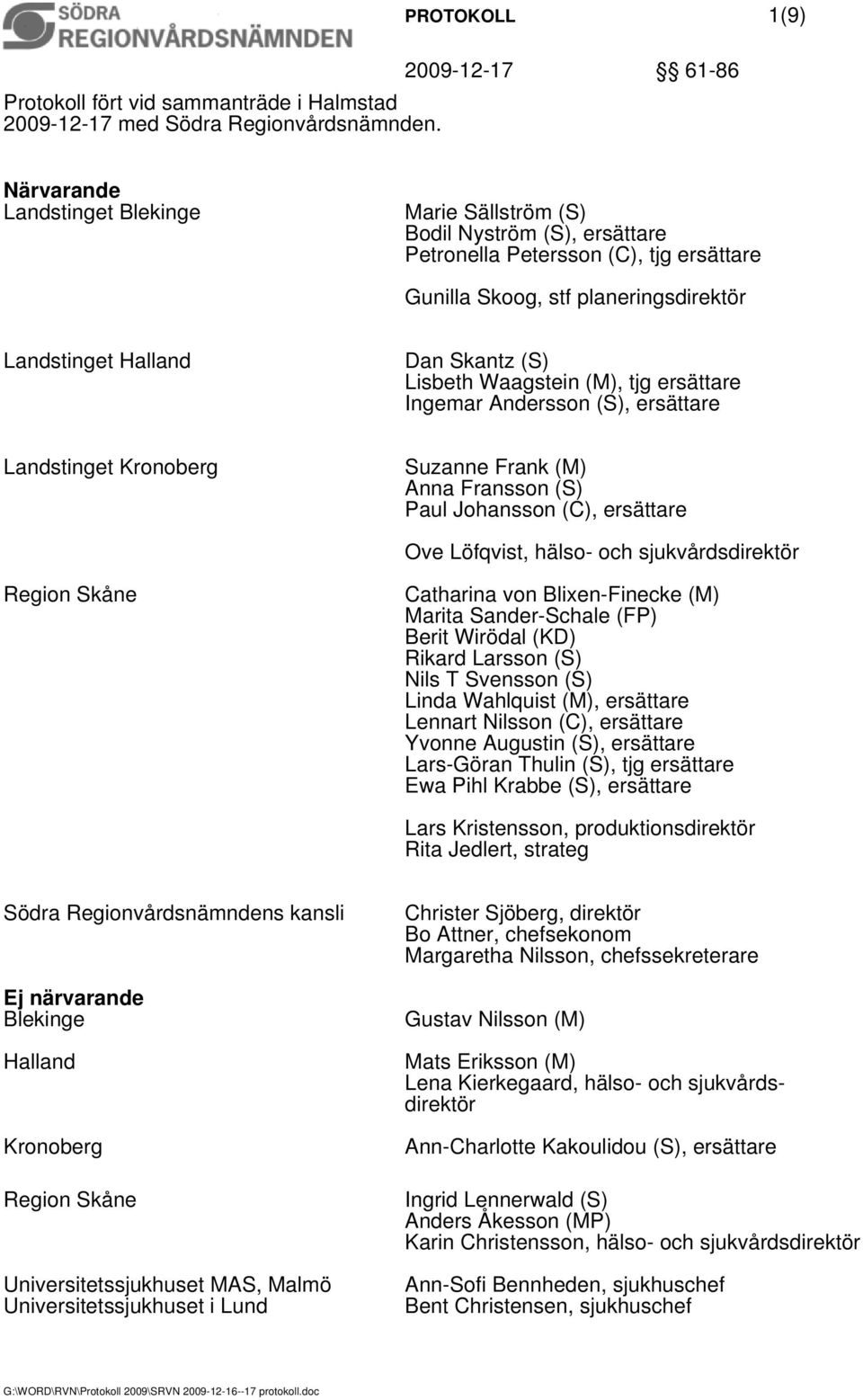 Lisbeth Waagstein (M), tjg ersättare Ingemar Andersson (S), ersättare Landstinget Kronoberg Suzanne Frank (M) Anna Fransson (S) Paul Johansson (C), ersättare Ove Löfqvist, hälso- och