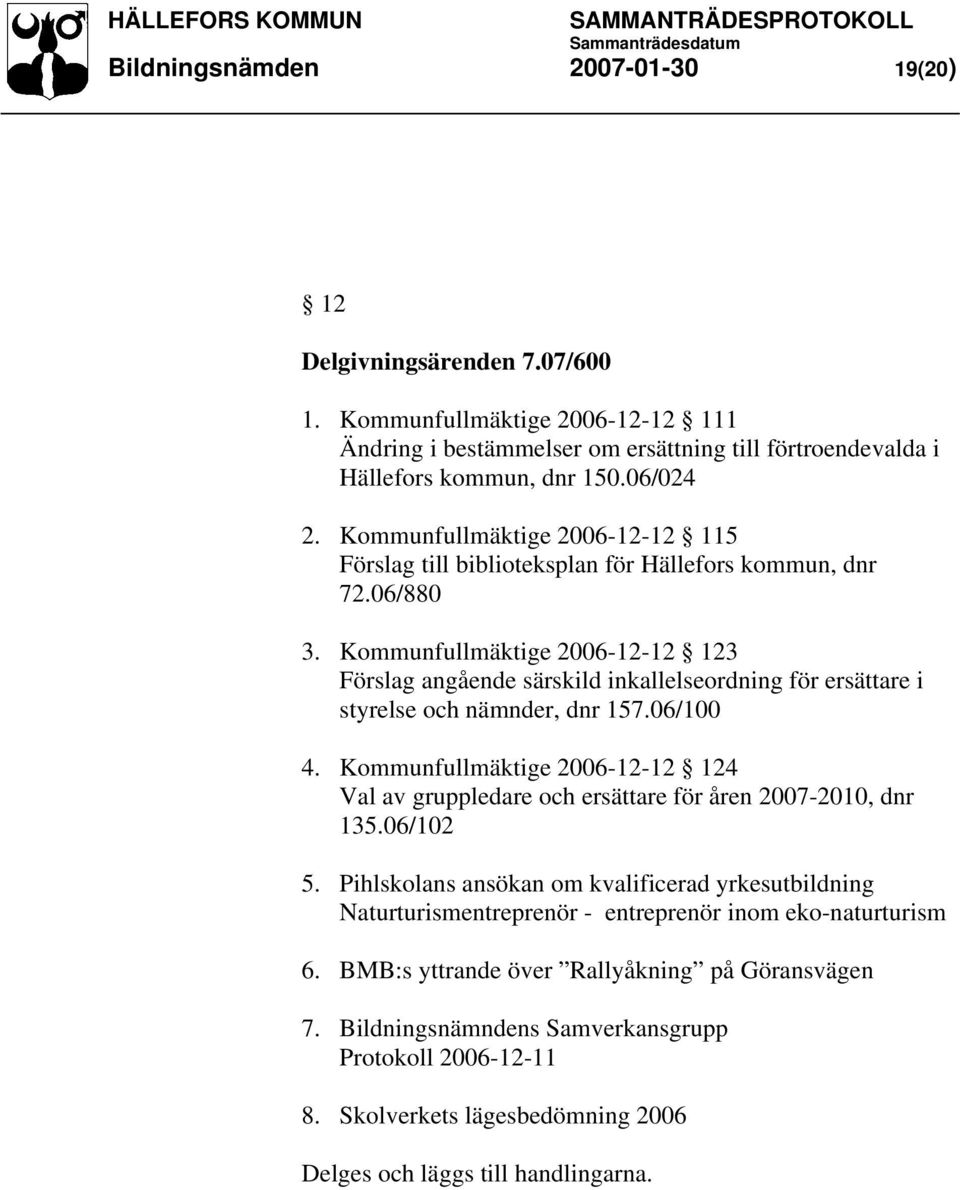 Kommunfullmäktige 2006-12-12 123 Förslag angående särskild inkallelseordning för ersättare i styrelse och nämnder, dnr 157.06/100 4.