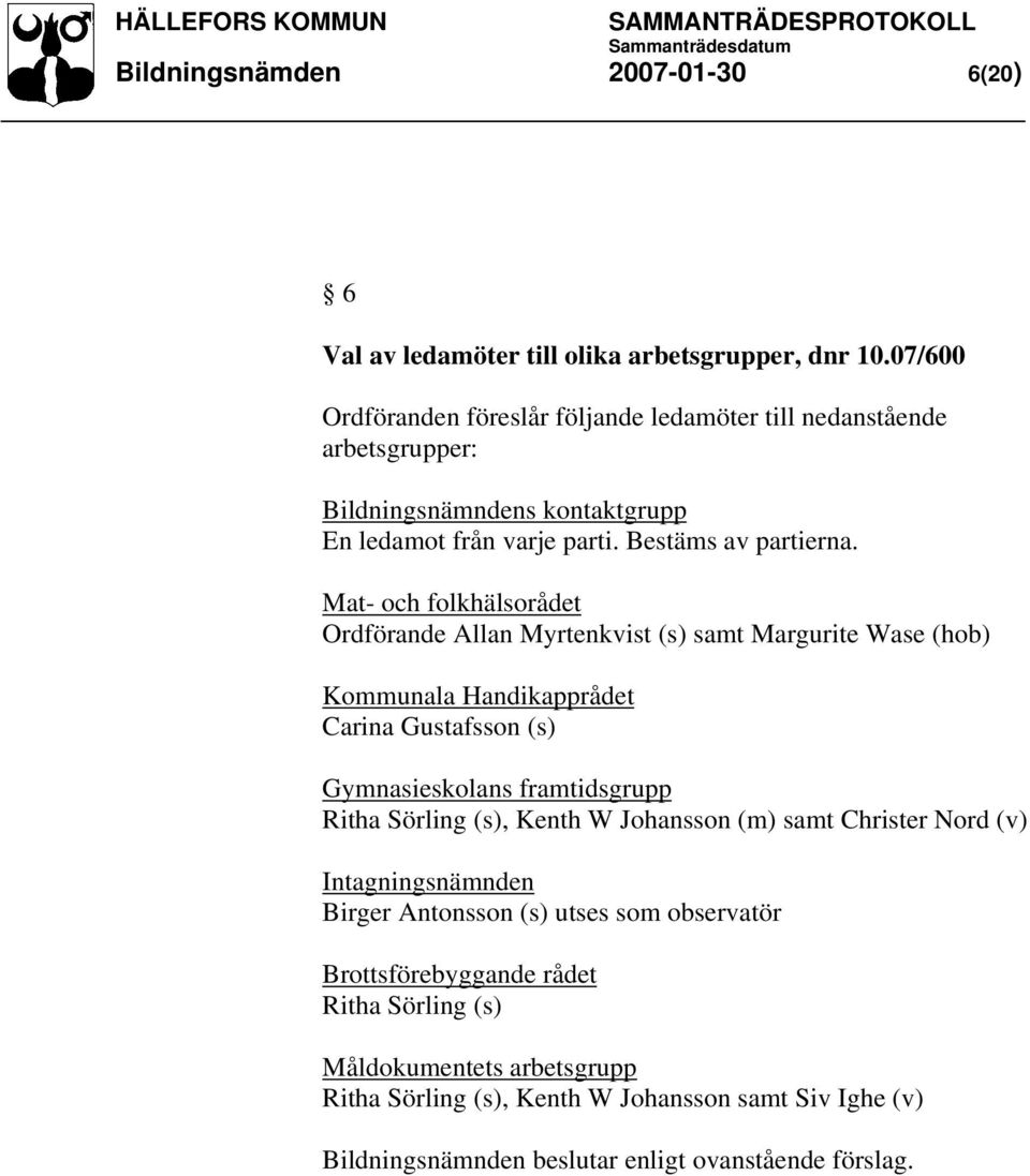 Mat- och folkhälsorådet Ordförande Allan Myrtenkvist (s) samt Margurite Wase (hob) Kommunala Handikapprådet Carina Gustafsson (s) Gymnasieskolans framtidsgrupp Ritha Sörling