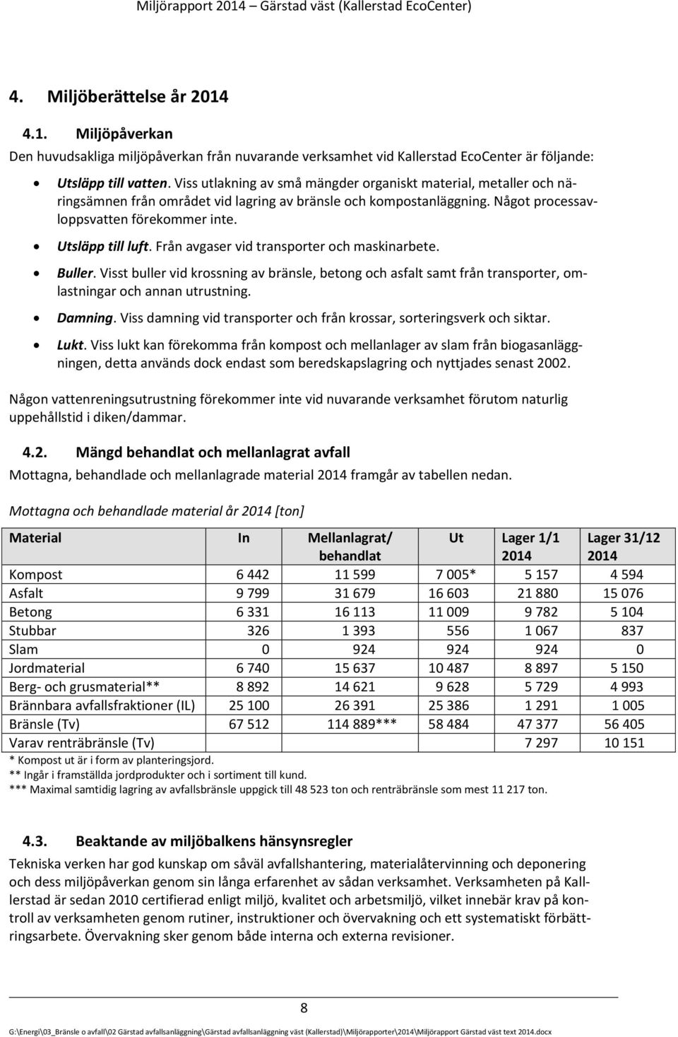 Från avgaser vid transporter och maskinarbete. Buller. Visst buller vid krossning av bränsle, betong och asfalt samt från transporter, omlastningar och annan utrustning. Damning.