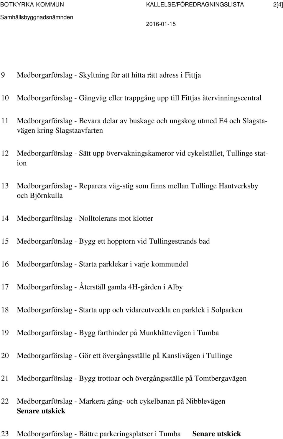 cykelstället, Tullinge station 13 Medborgarförslag - Reparera väg-stig som finns mellan Tullinge Hantverksby och Björnkulla 14 Medborgarförslag - Nolltolerans mot klotter 15 Medborgarförslag - Bygg