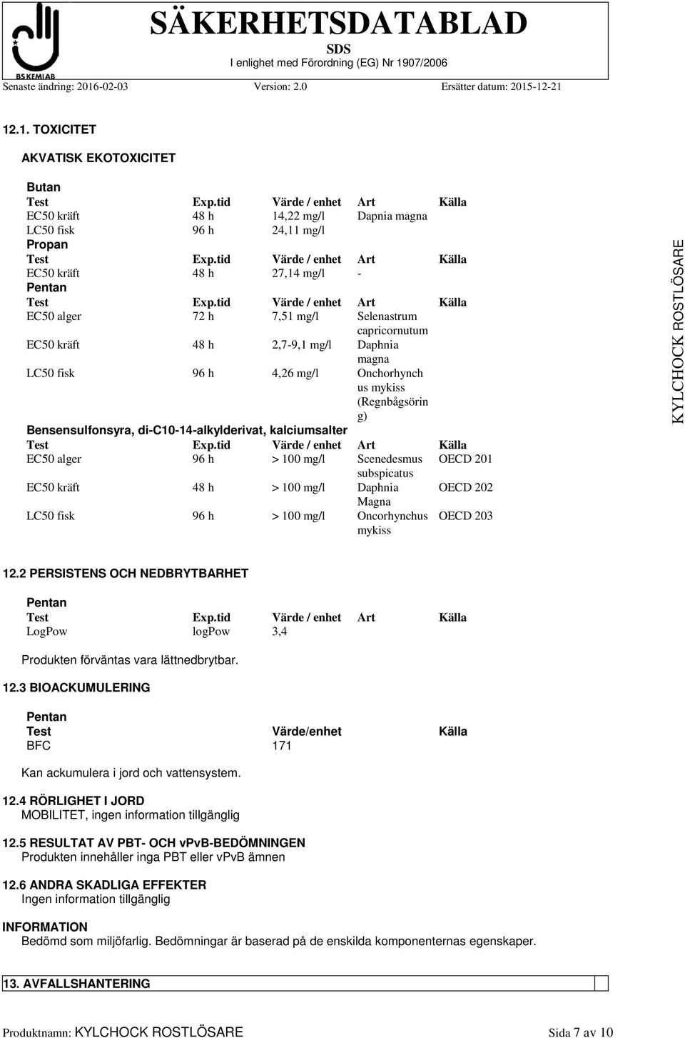 tid Värde / enhet Art Källa EC50 alger 72 h 7,51 mg/l Selenastrum capricornutum EC50 kräft 48 h 2,7-9,1 mg/l Daphnia magna LC50 fisk 96 h 4,26 mg/l Onchorhynch us mykiss (Regnbågsörin g)