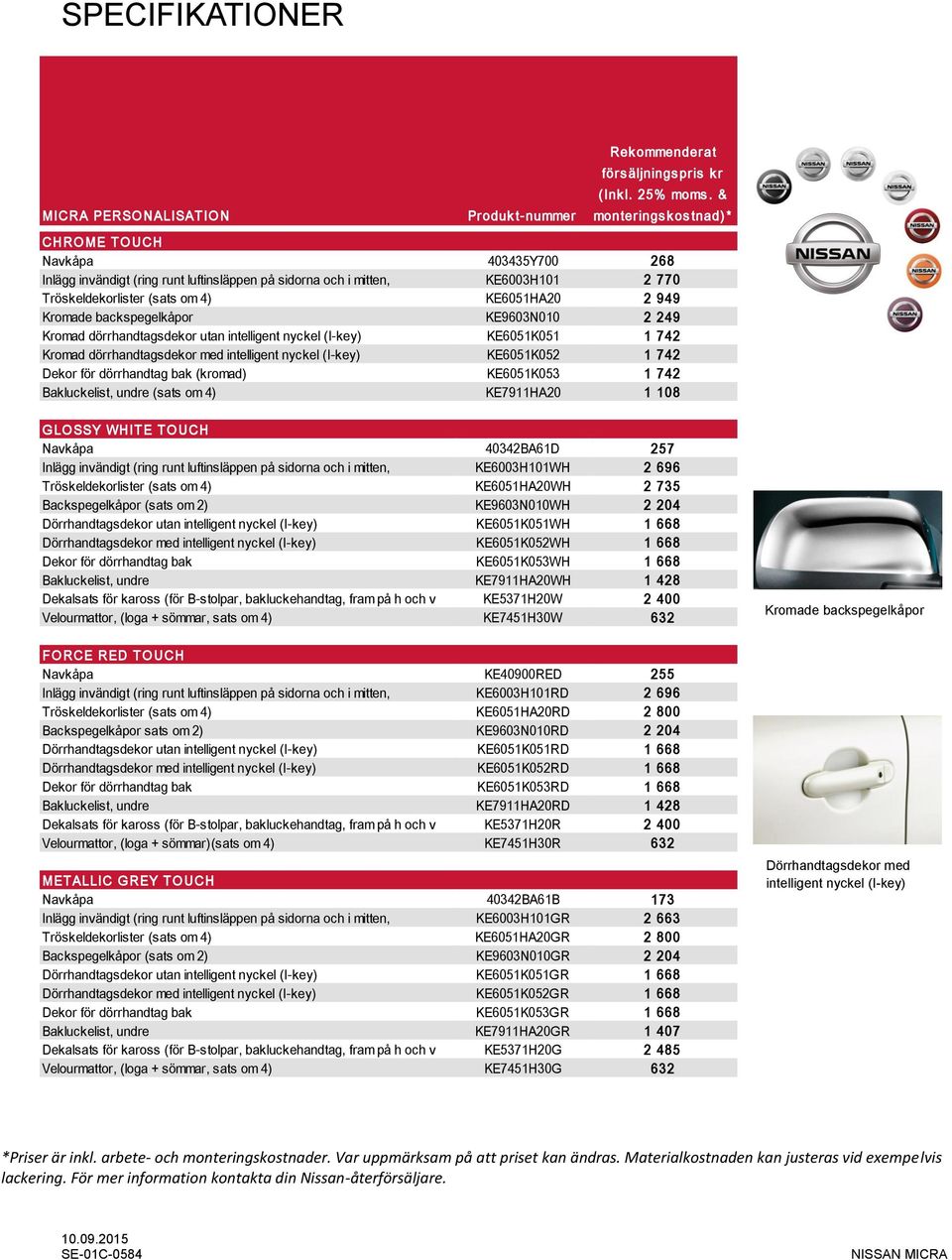 Kromade backspegelkåpor KE9603N010 2 249 Kromad dörrhandtagsdekor utan intelligent nyckel (I-key) KE6051K051 1 742 Kromad dörrhandtagsdekor med intelligent nyckel (I-key) KE6051K052 1 742 Dekor för