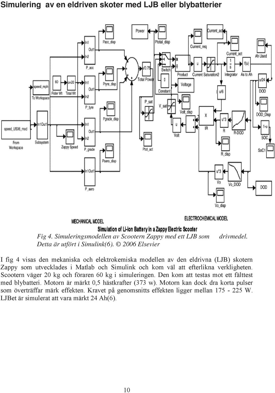 I fig 4 visas den mekaniska och elektrokemiska modellen av den eldrivna (LJB) skotern Zappy som utvecklades i Matlab och Simulink och kom väl att efterlikna