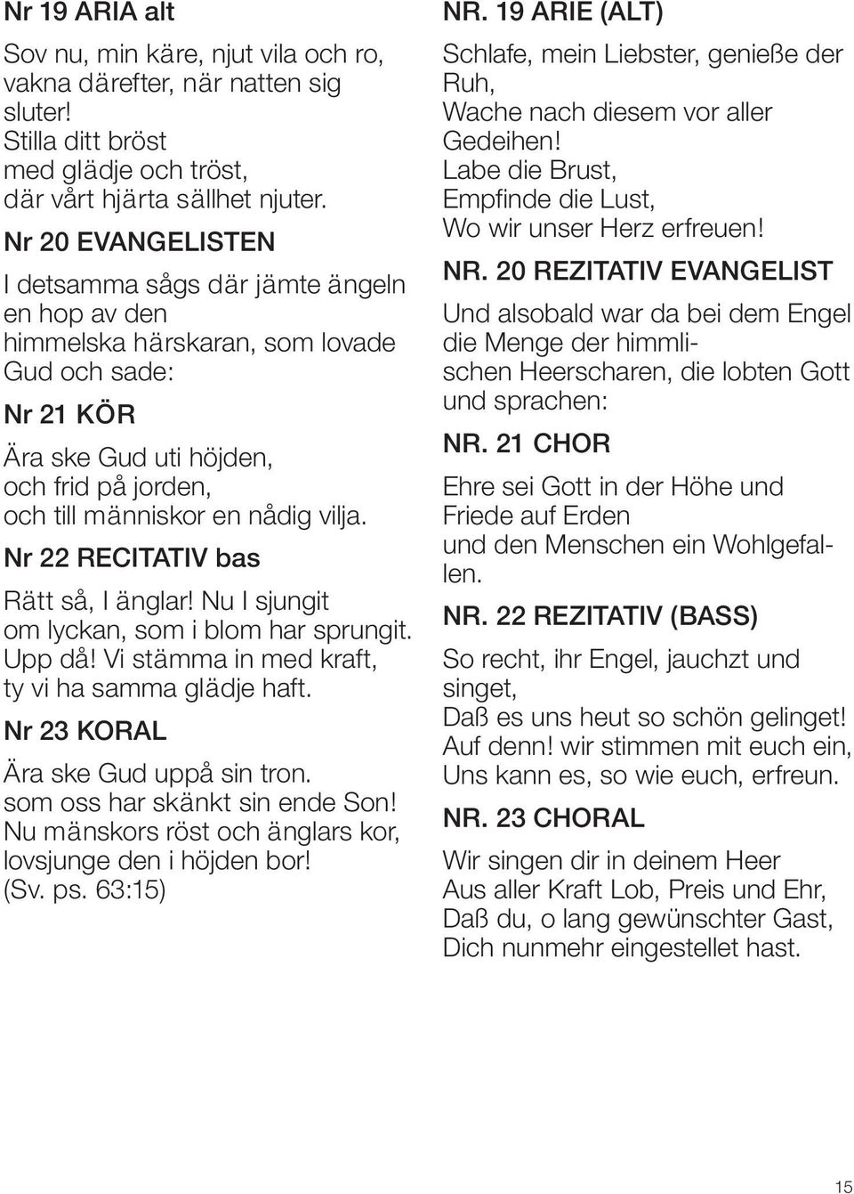 Nr 22 RECITATIV bas Rätt så, I änglar! Nu I sjungit om lyckan, som i blom har sprungit. Upp då! Vi stämma in med kraft, ty vi ha samma glädje haft. Nr 23 KORAL Ära ske Gud uppå sin tron.