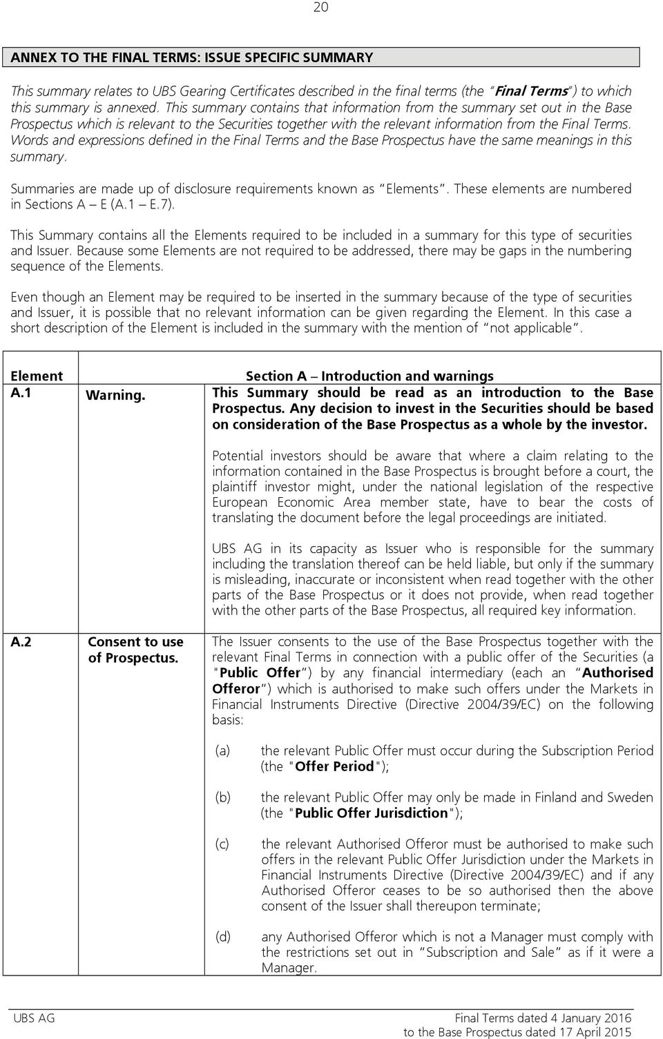 Words and expressions defined in the Final Terms and the Base Prospectus have the same meanings in this summary. Summaries are made up of disclosure requirements known as Elements.