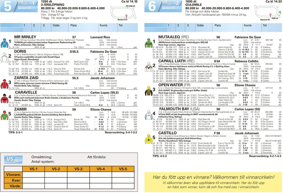 TURKOS,grå stjärna;turkos;turkos Segermans Redovisning AB 0: Int e startat Maria Johansson, Täby Galopp Hcp: 0: Int e startat Tä / -Kv 000 dt gd Tid:.