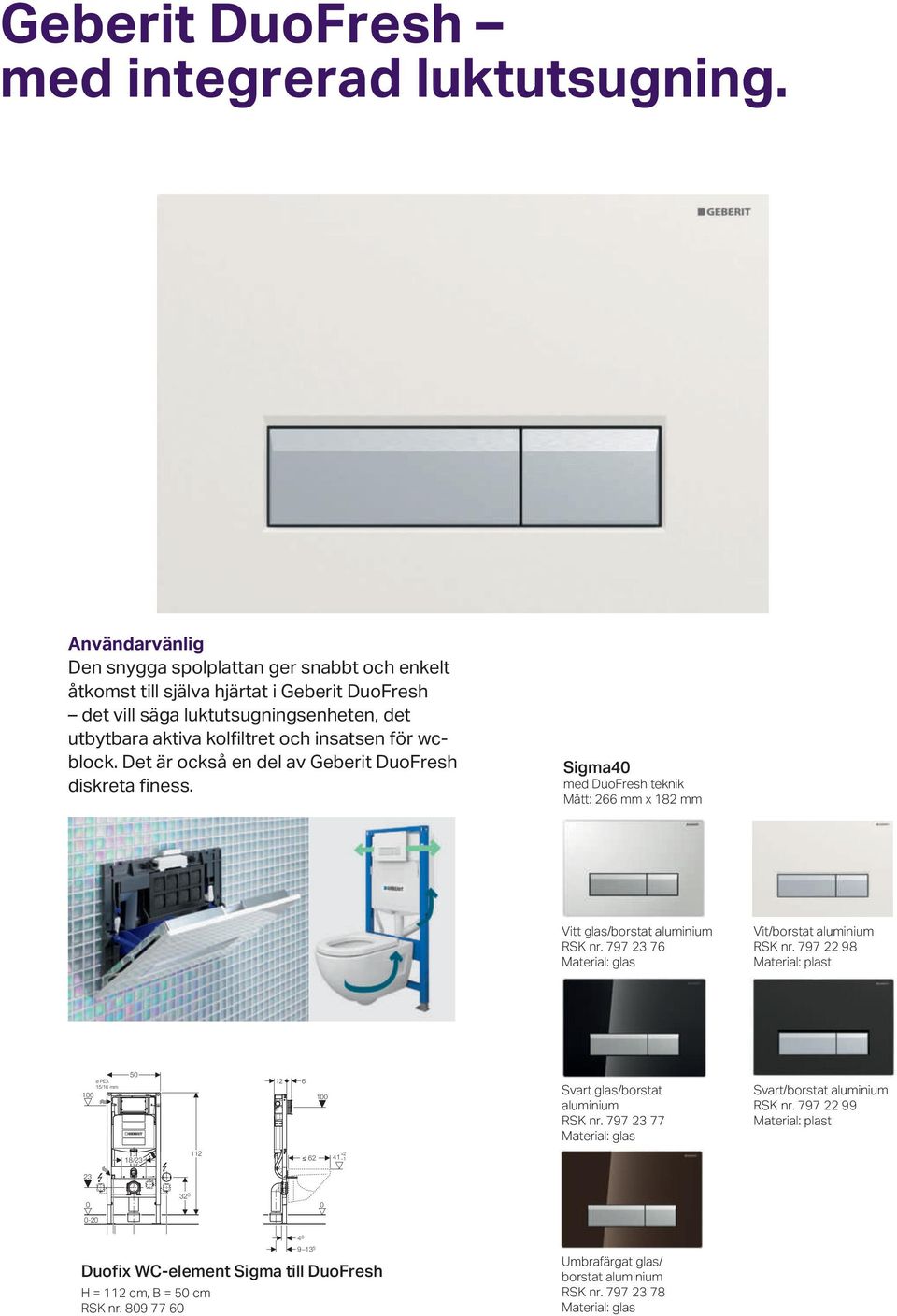 insatsen för wcblock. Det är också en del av Geberit DuoFresh diskreta finess. Sigma4 med DuoFresh teknik Mått: 266 mm x 182 mm Vitt glas/borstat aluminium RSK nr.