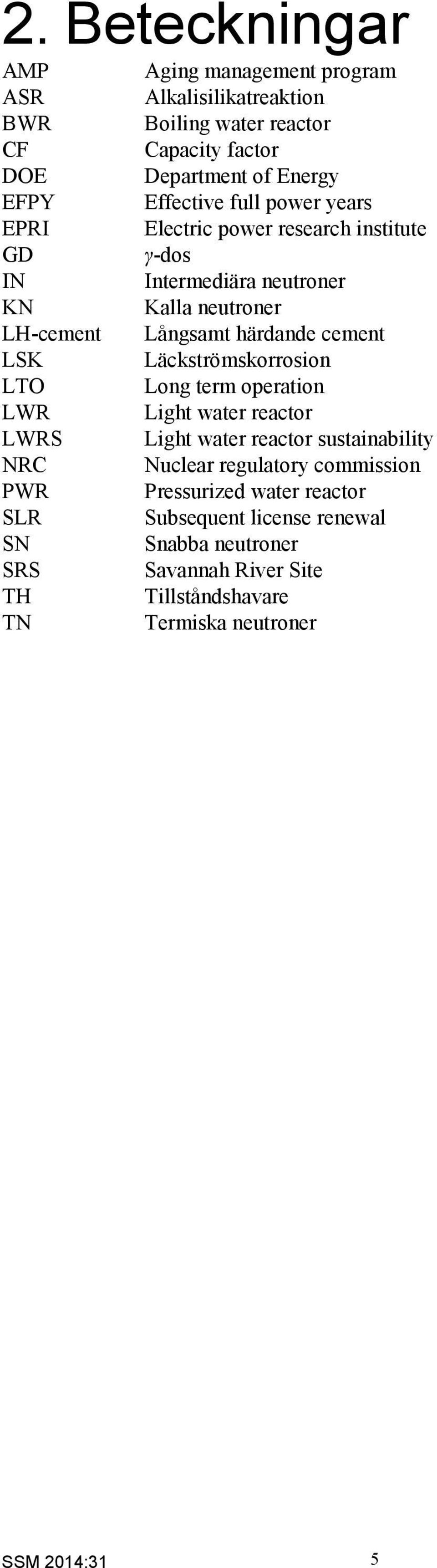 Intermediära neutroner Kalla neutroner Långsamt härdande cement Läckströmskorrosion Long term operation Light water reactor Light water reactor