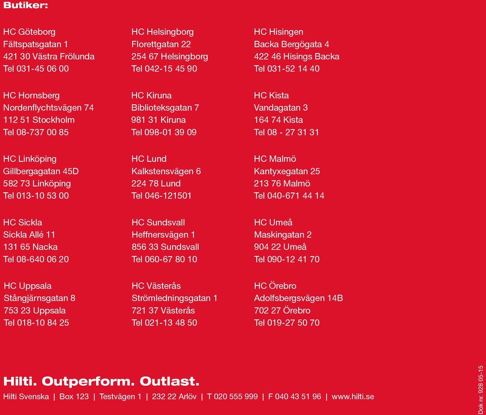 Linköping Gillbergagatan 45D 582 73 Linköping Tel 013-10 53 00 HC Lund Kalkstensvägen 6 224 78 Lund Tel 046-121501 HC Malmö Kantyxegatan 25 213 76 Malmö Tel 040-671 44 14 HC Sickla Sickla Allé 11 131