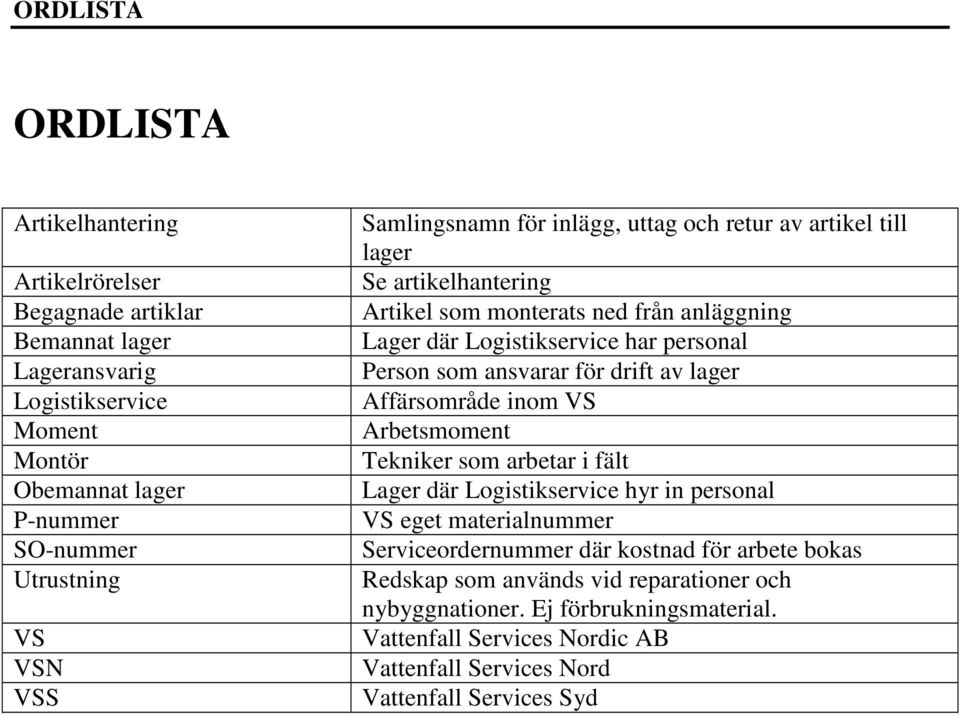 som ansvarar för drift av lager Affärsområde inom VS Arbetsmoment Tekniker som arbetar i fält Lager där Logistikservice hyr in personal VS eget materialnummer Serviceordernummer