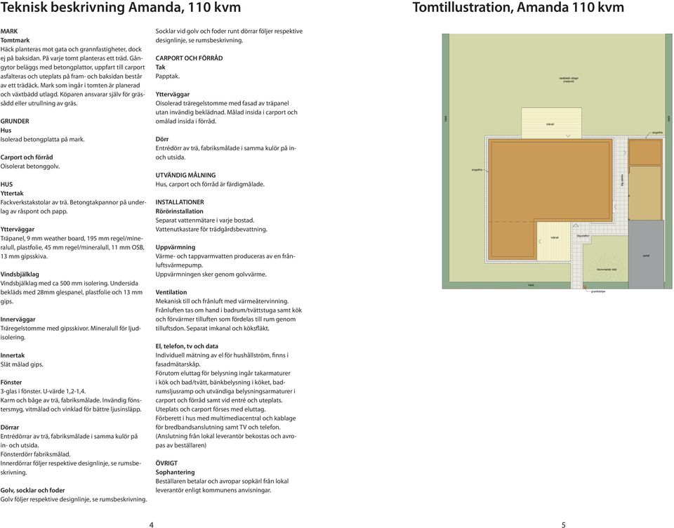 Köparen ansvarar själv för grässådd eller utrullning av gräs. GRUNDER Hus Isolerad betongplatta på mark. Carport och förråd Oisolerat betonggolv. HUS Yttertak Fackverkstakstolar av trä.