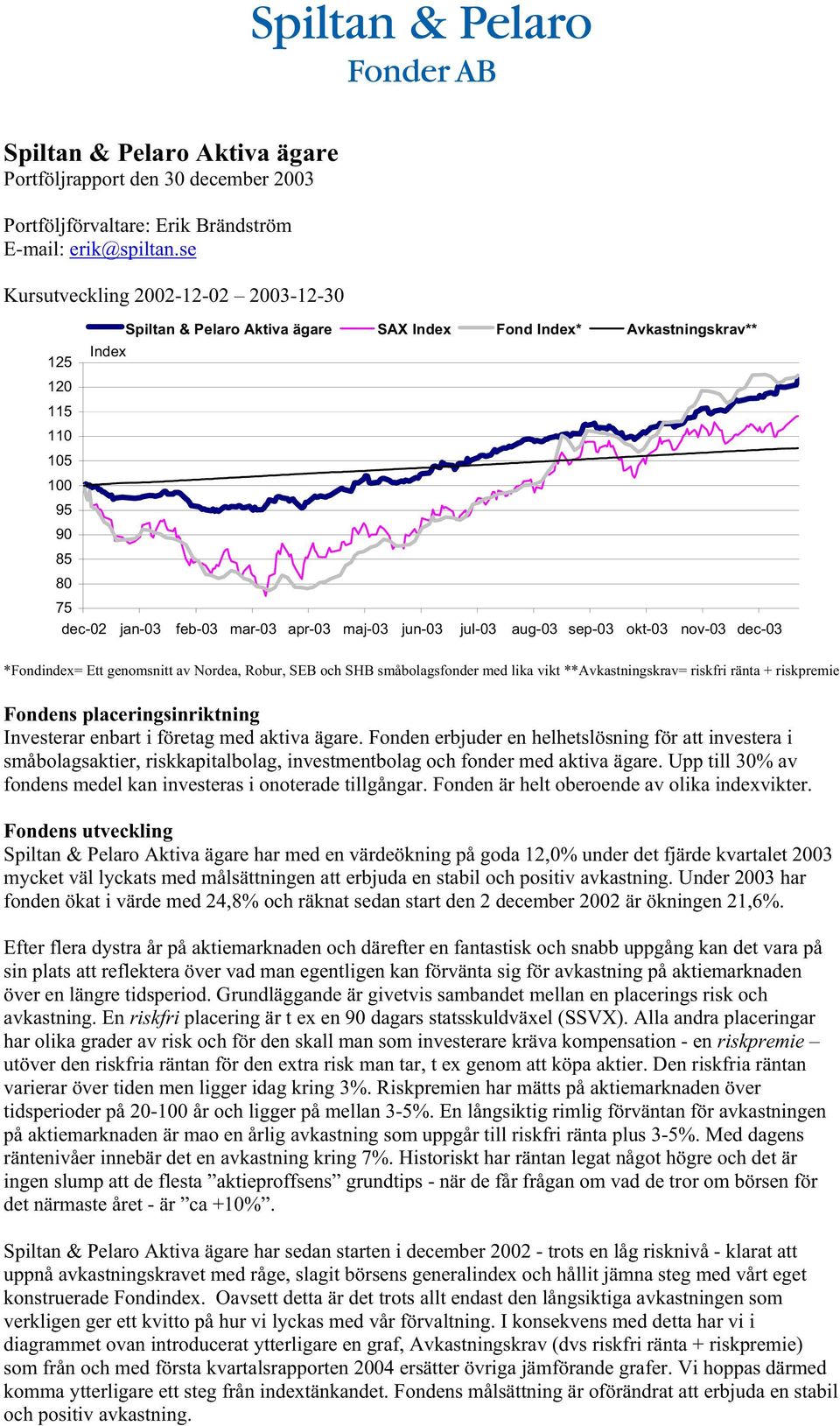 jun-03 jul-03 aug-03 sep-03 okt-03 nov-03 dec-03 *Fondindex= Ett genomsnitt av Nordea, Robur, SEB och SHB småbolagsfonder med lika vikt **Avkastningskrav= riskfri ränta + riskpremie Fondens