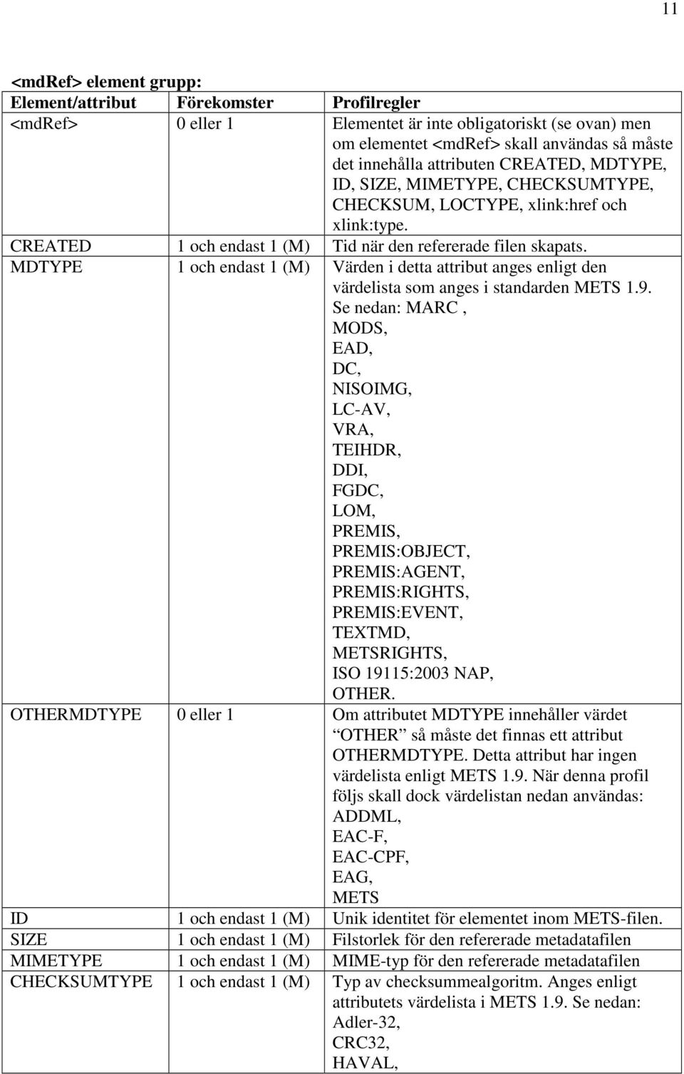 MDTYPE 1 och endast 1 (M) Värden i detta attribut anges enligt den värdelista som anges i standarden METS 1.9.