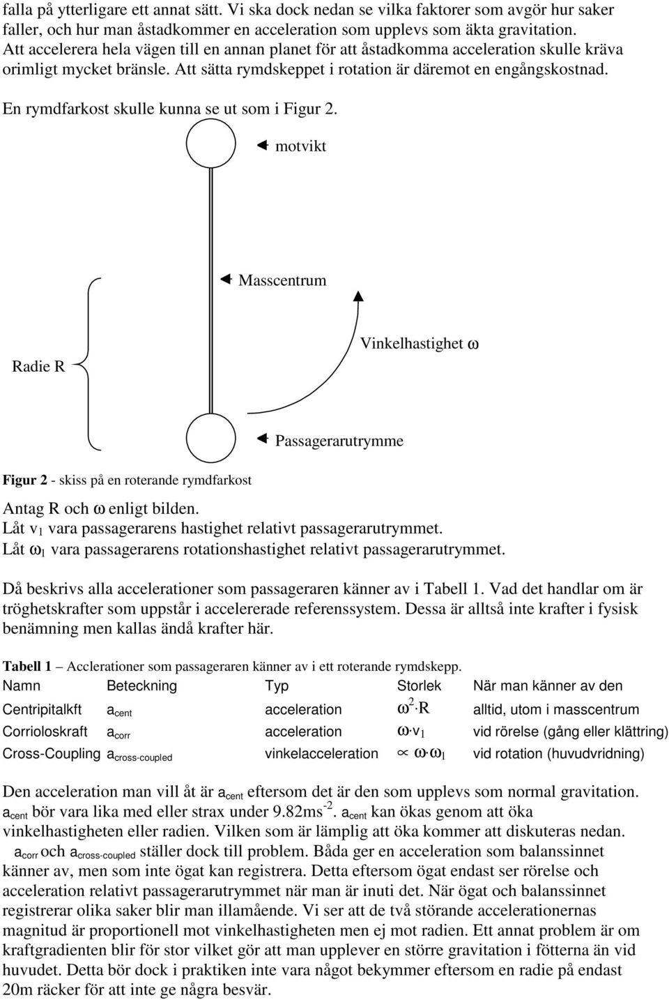 En rymdfarkost skulle kunna se ut som i Figur 2. motvikt Masscentrum Radie R Vinkelhastighet ω Passagerarutrymme Figur 2 - skiss på en roterande rymdfarkost Antag R och ω enligt bilden.