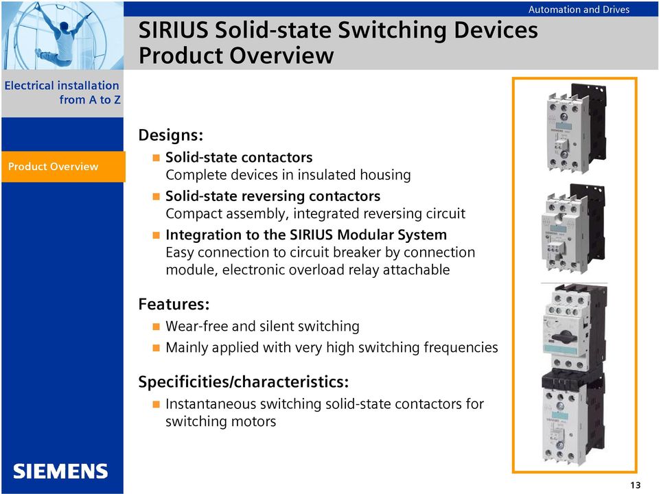 Easy connection to circuit breaker by connection module, electronic overload relay attachable Features: Wear-free and silent switching Mainly