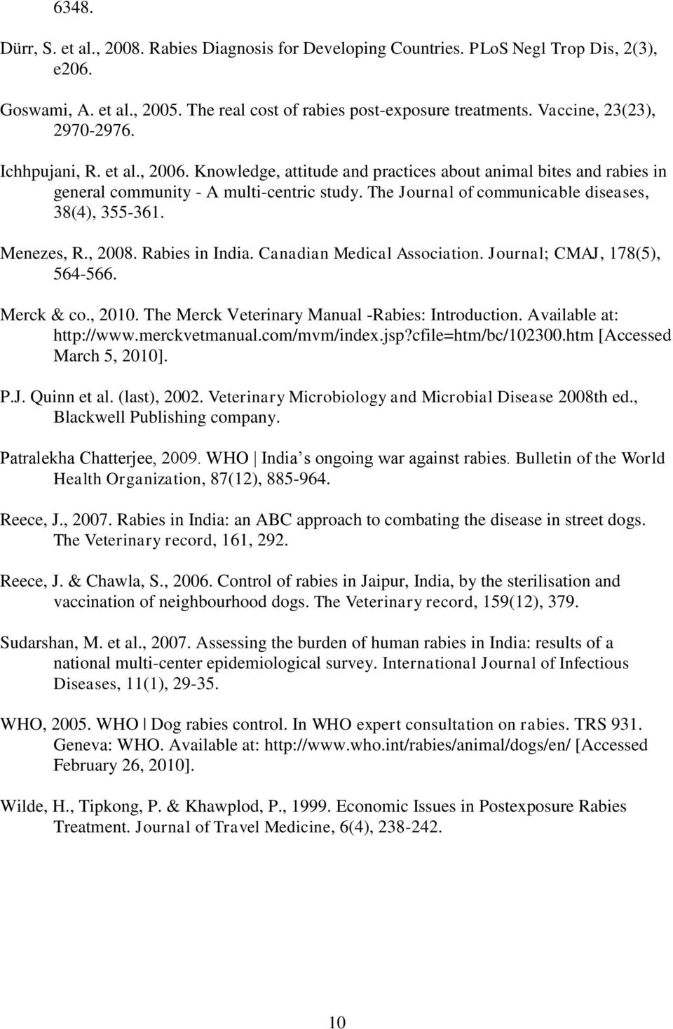 The Journal of communicable diseases, 38(4), 355-361. Menezes, R., 2008. Rabies in India. Canadian Medical Association. Journal; CMAJ, 178(5), 564-566. Merck & co., 2010.