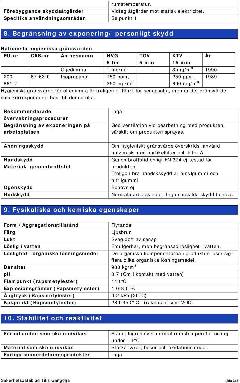 250 ppm, 1989 661-7 350 mg/m 3 600 mg/m 3 Hygieniskt gränsvärde för oljedimma är troligen ej tänkt för senapsolja, men är det gränsvärde som korresponderar bäst till denna olja.