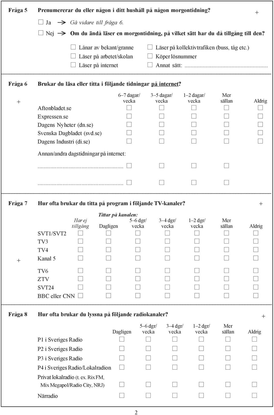 .. Fråga 6 Brukar du läsa eller titta i följande tidningar på internet? 6 7 dagar/ 3 5 dagar/ 1 2 dagar/ Mer vecka vecka vecka sällan Aldrig Aftonbladet.se Expressen.se Dagens Nyheter (dn.