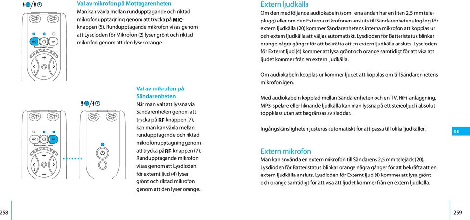 Val av mikrofon på Sändarenheten När man valt att lyssna via Sändarenheten genom att trycka på R-knappen (7), kan man kan växla mellan rundupptagande och riktad mikrofonupptagning genom att trycka på