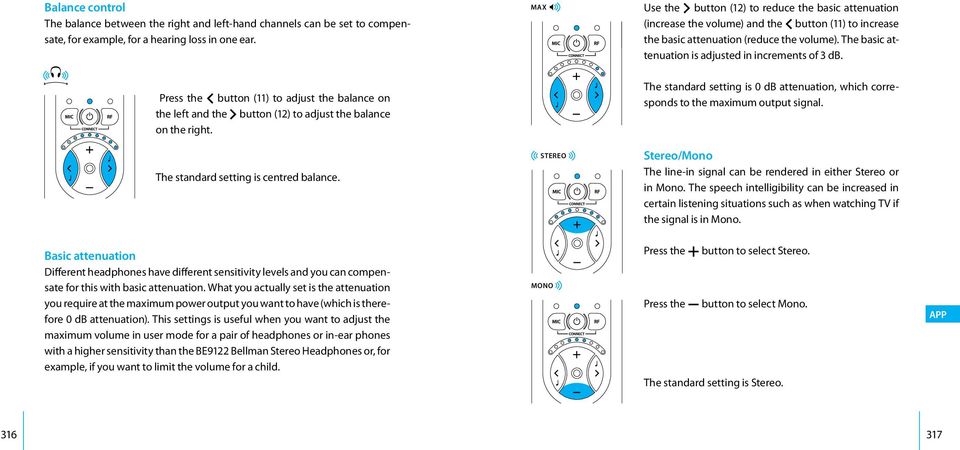 The basic attenuation is adjusted in increments of 3 db. Press the < button (11) to adjust the balance on the left and the > button (12) to adjust the balance on the right.