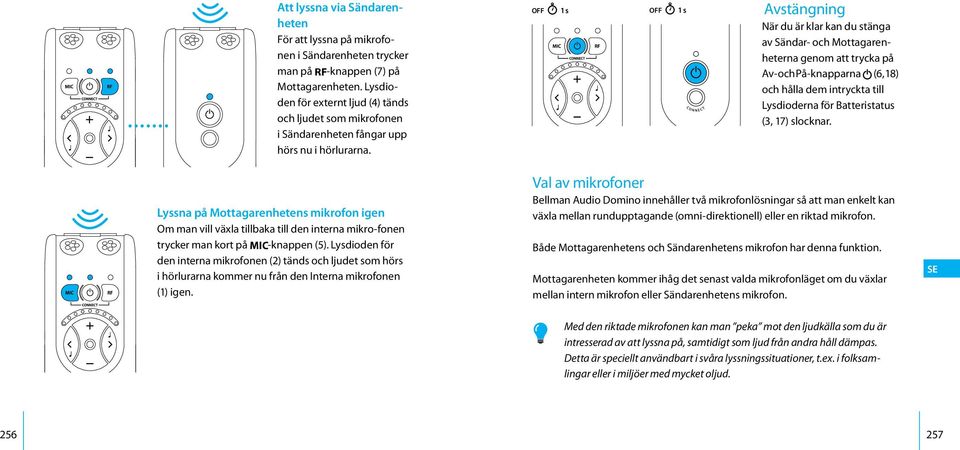 Lyssna på Mottagarenhetens mikrofon igen Om man vill växla tillbaka till den interna mikro-fonen trycker man kort på M-knappen (5).