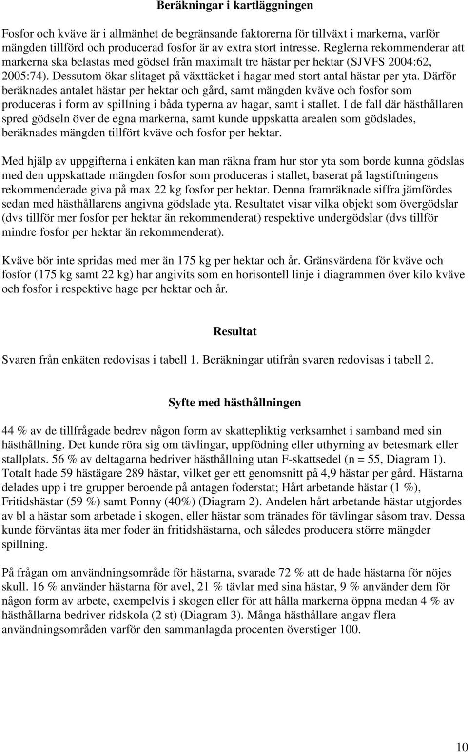 Därför beräknades antalet hästar per hektar och gård, samt mängden kväve och fosfor som produceras i form av spillning i båda typerna av hagar, samt i stallet.