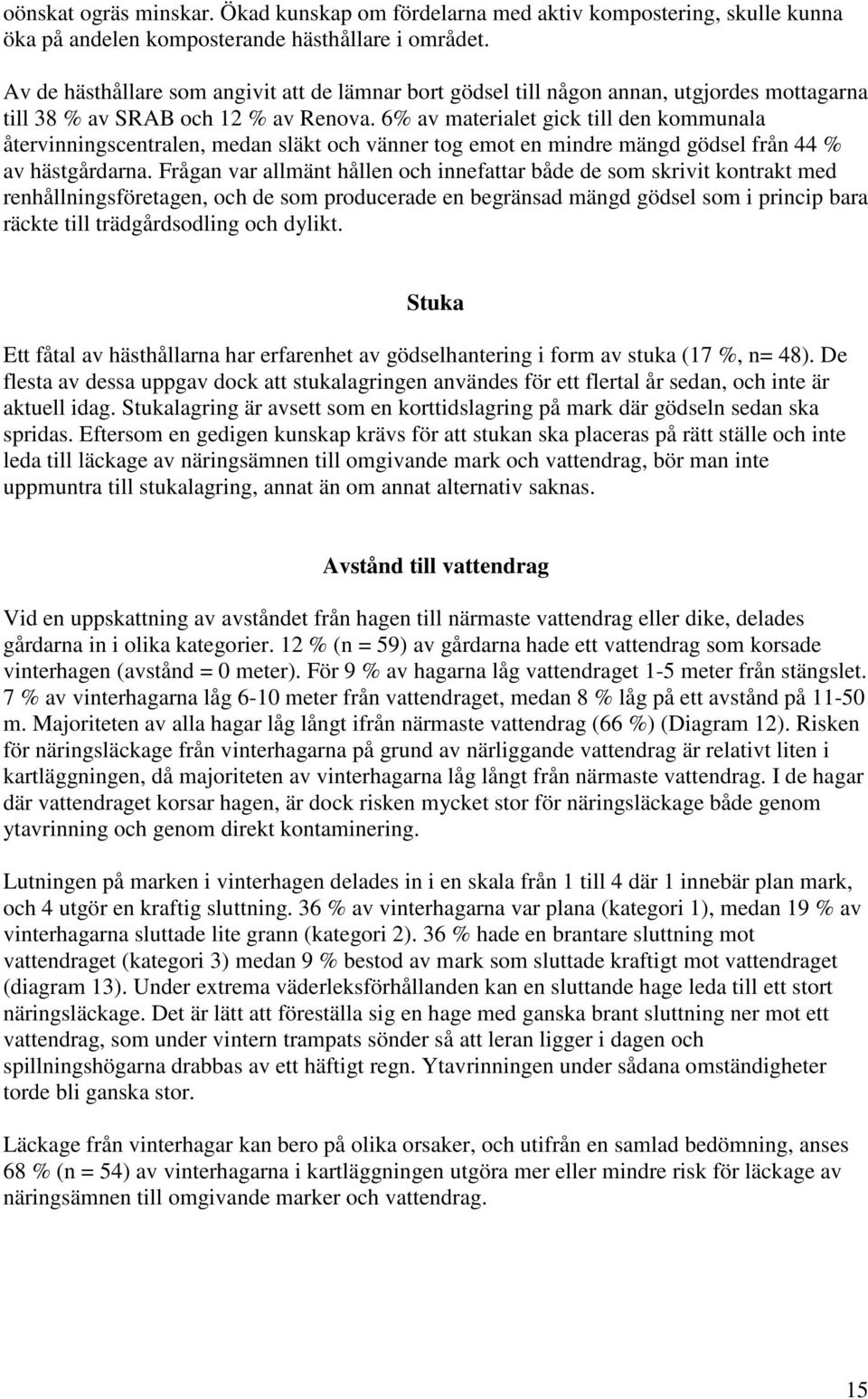 6% av materialet gick till den kommunala återvinningscentralen, medan släkt och vänner tog emot en mindre mängd gödsel från 44 % av hästgårdarna.