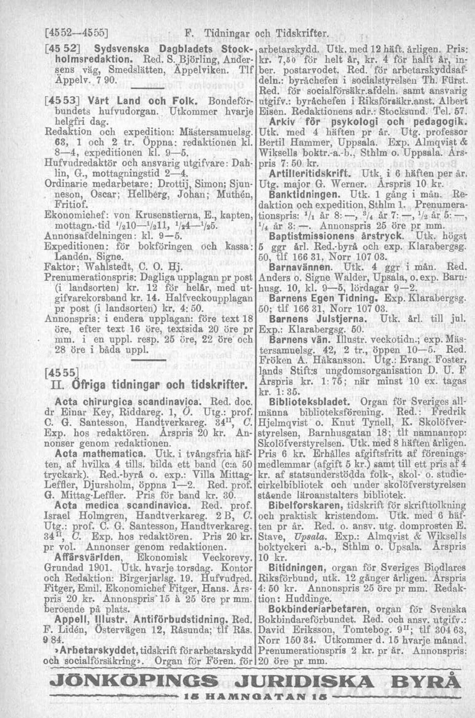 Hufvudredaktör och ansvarig utgifvare: Dahlin, G., mottagningstid 2-4. Ordinarie medarbetare: Drottij, Simon; Sjuuneson, Oscar; Hellberg, Johan; Muthén, Fritiof. Ekonomichef: von Erusenstierna, E.